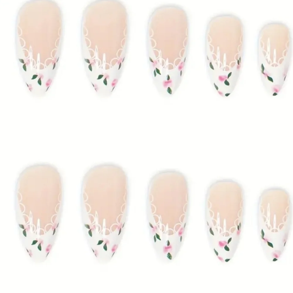 🔥3/$21 Almond shaped French tip Romantic Floral design Press on False Nails